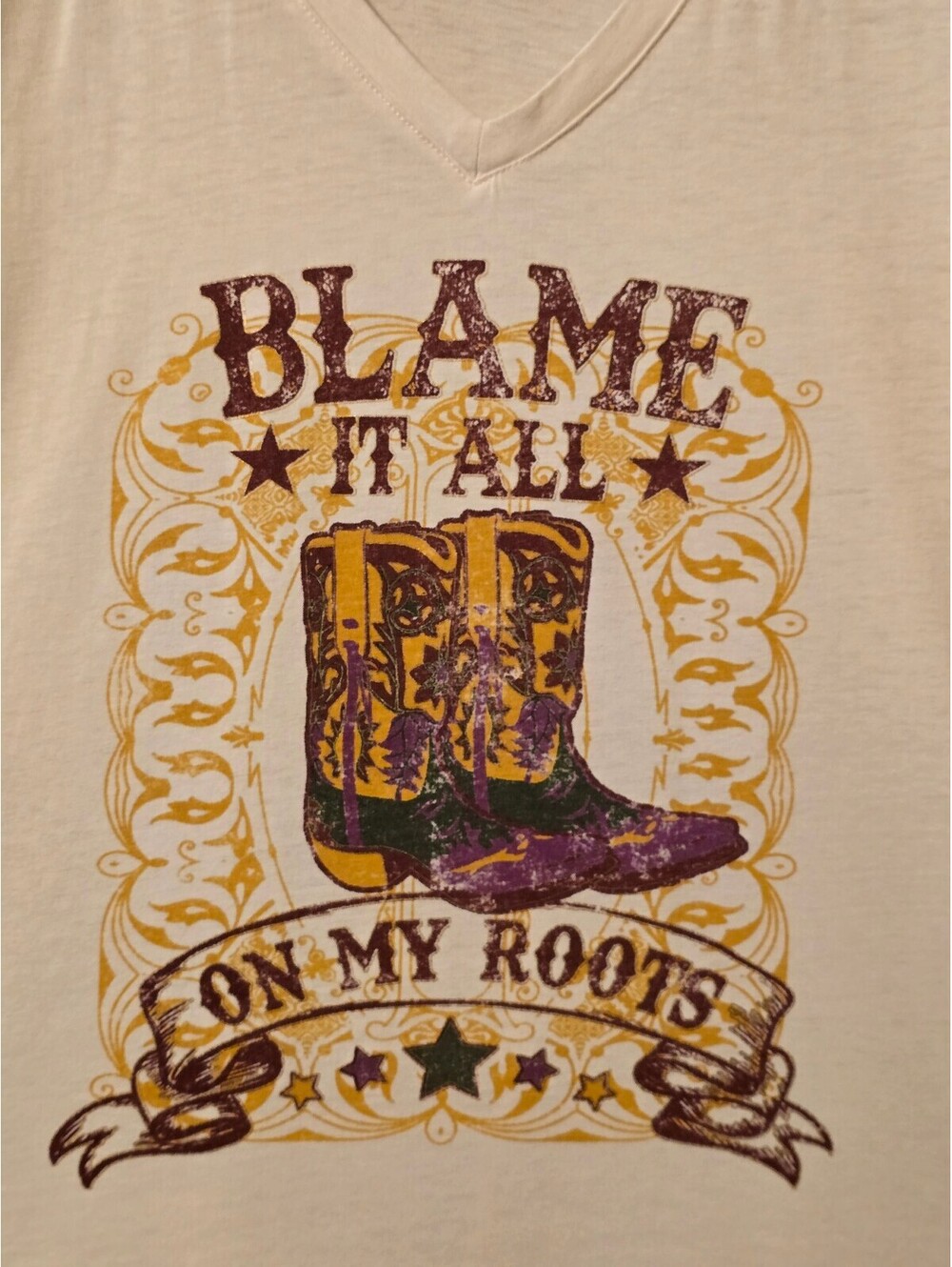 Cato Women's Short Sleeve T-Shirt XL with 'Blame It All On My Roots' Boots